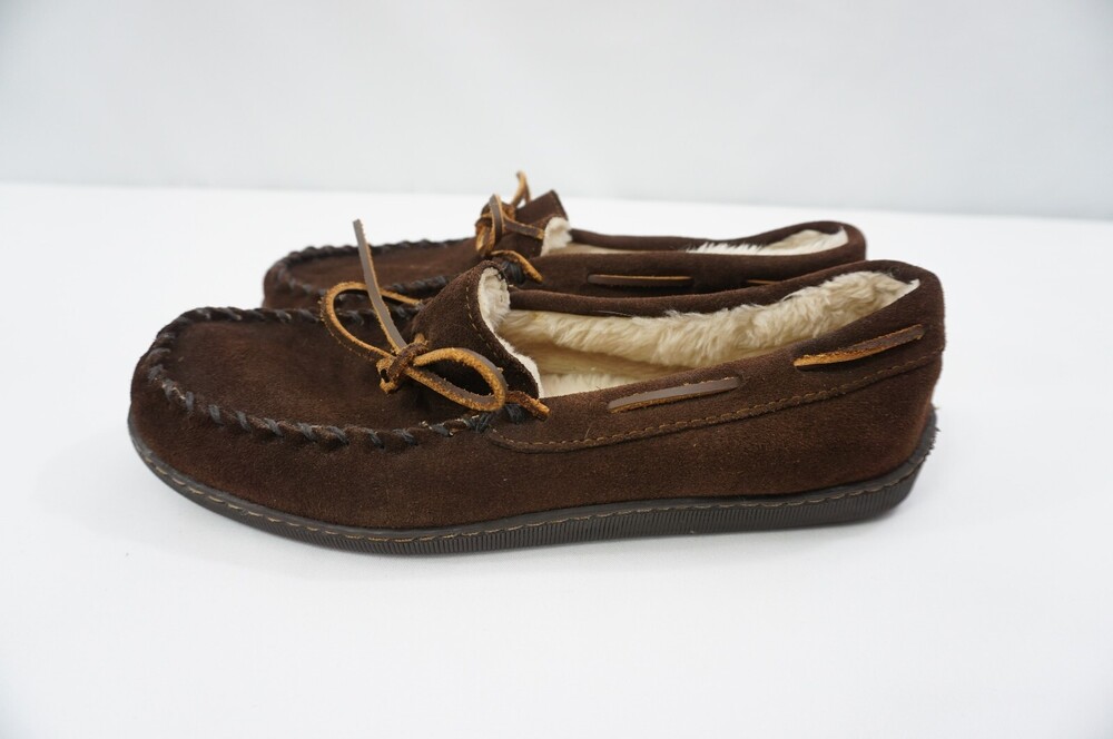 MINNETONKA 3908W Men 9 Used/Smoke Suede Pile Lined Moccasin Hardsole Slippers